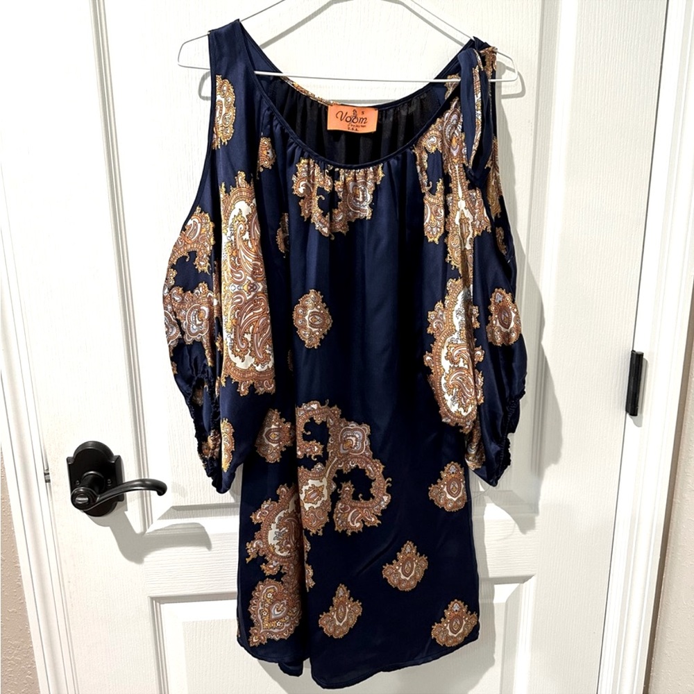 Voom by Joy Han Blue Paisley Print Cold Shoulder Dress Sz S